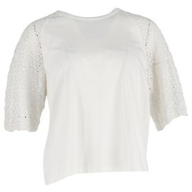 Camiseta de gola redonda em algodão branco com mangas de renda Chloé Branco Cru