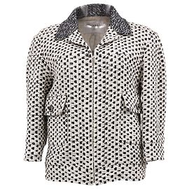 Jaqueta zíper Chanel com bolinhas em tweed de algodão preto e branco Branco