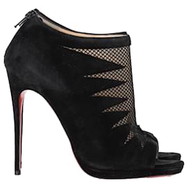 Christian Louboutin- Christian Louboutin Peep-Toe Boots in Black Suede and Mesh-Black