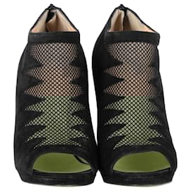 Christian Louboutin-Bottes Peep-Toe Christian Louboutin en Suède Noire et Maille-Noir