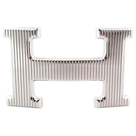 Hermès-NEW HERMES H STRIPED PALLADIUM STEEL BUCKLE BELT-Silvery