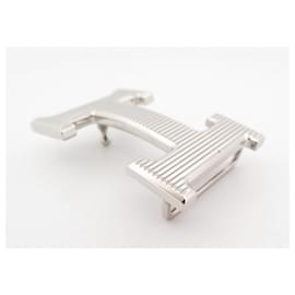 Hermès-NEW HERMES H STRIPED PALLADIUM STEEL BUCKLE BELT-Silvery