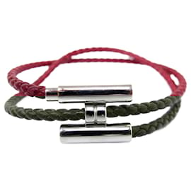 Hermès-BRACELET HERMES TOURNIS DOUBLE TOUR EN CUIR TRESSE BORDEAUX + BOITE BANGLE-Bordeaux