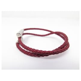 Hermès-BRACELET HERMES TOURNIS DOUBLE TOUR EN CUIR TRESSE BORDEAUX + BOITE BANGLE-Bordeaux
