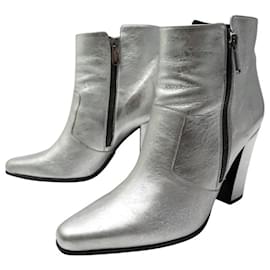 Balmain-CHAUSSURES BOTTINES BALMAIN 39.5 A TALONS CUIR ARGENTE SILVER ANKLE BOOTS-Argenté