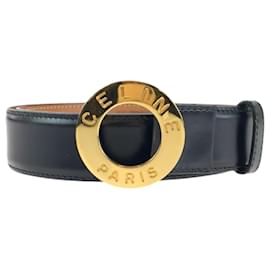 Céline-Celine Vintage Circle Logo Black Leather Belt-Black