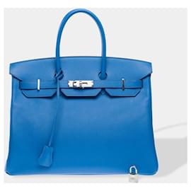 Hermès-HERMES Birkin 35 Bag in Blue Leather - 102470-Blue