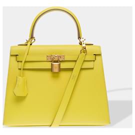 Hermès-HERMES Kelly 25 Bag in Yellow Leather - 102503-Yellow