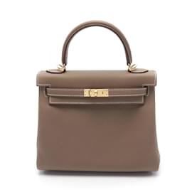 Hermès-Hermes Kelly 25 Handbag in Togo Leather-Brown,Taupe