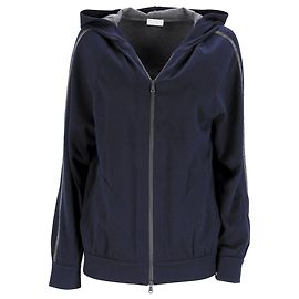Felpa con zip in cotone blu navy con dettagli a righe di Brunello Cucinelli Blu Blu navy