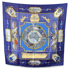 Hermès-Hermes Jacquard Vintage Silk Scarf Le Geographe 1992 Laroche-Blue