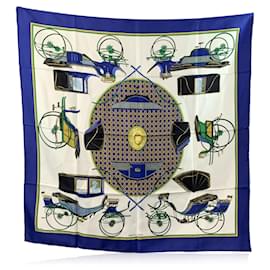 Hermès-Hermes Silk Scarf Les Voitures A Transformation 1965 De La Perriere-Blue