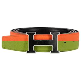 Hermès- Hermès Reversible H Buckled Belt in Orange Calf Leather-Orange