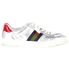 Gucci-Gucci Ace Web Low-Top Sneakers in Silver Leather-Silvery,Metallic