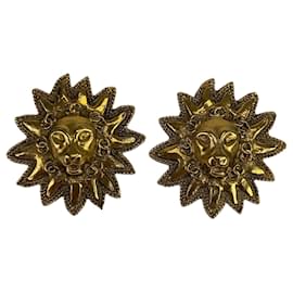 Chanel-Chanel Vintage Coco Mark Lion Motif Gold Metal Earrings-Golden