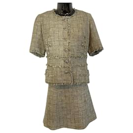 Chanel-Chanel 10P Fantasy Tweed Beige Metallic Gold Jacket Skirt Suit Set FR 42/44-Beige,Golden,Metallic