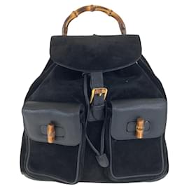 Gucci-Gucci Bamboo Black Gold Hardware Suede Leather Backpack-Black