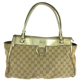 Gucci-Gucci Abby Beige Gold GG Canvas Leather Tote Bag-Beige,Golden