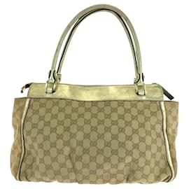 Gucci-Gucci Abby Beige Gold GG Canvas Leather Tote Bag-Beige,Golden