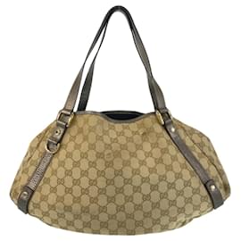 Gucci-Gucci Abby Beige Gold Hardware GG Canvas Leather Tote Bag-Beige,Golden