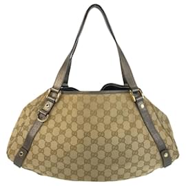 Gucci-Gucci Abby Beige Gold Hardware GG Canvas Leather Tote Bag-Beige,Golden
