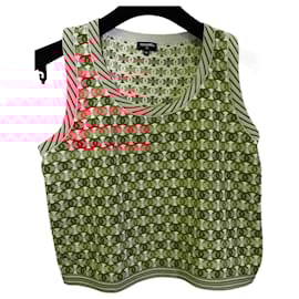 Chanel-Chanel 19P CC Logo Sleeveless Crop Top Blouse FR 42-Pink,White,Red