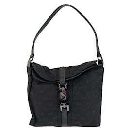 Gucci-Gucci Jackie Black GG Canvas Leather Shoulder Bag-Black