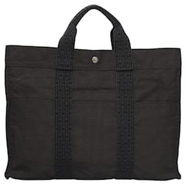Hermès-HERMES Sac Tote Her Line MM Toile Gris Argent Auth 114287-Marron,Argenté