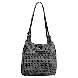 Fendi-FENDI Zucchino Canvas Shoulder Bag Navy Auth 114284-Navy blue