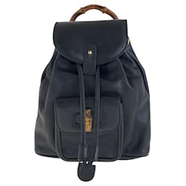 Gucci-Gucci Bamboo Black Gold Hardware Leather Backpack-Black