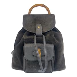 Gucci-Gucci Bamboo Black Gold Hardware Suede Leather Backpack-Black