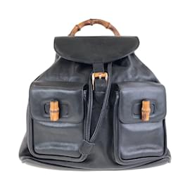 Gucci-Gucci Bamboo Black Gold Hardware Leather Backpack-Black