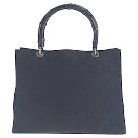 Gucci-Gucci Bamboo Black Silver Hardware GG Canvas Tote Bag-Black