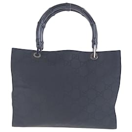 Gucci-Gucci Bamboo Black Silver Hardware GG Canvas Tote Bag-Black