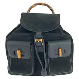 Gucci-Gucci Bamboo Black Gold Hardware Suede Leather Backpack-Black