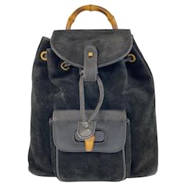 Gucci-Gucci Bamboo Black Gold Hardware Suede Backpack-Black