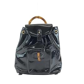 Gucci-Gucci Bamboo Black Gold Hardware Patent Leather Backpack-Black