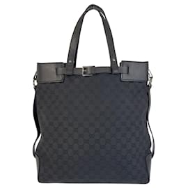 Gucci-Gucci Black GG Canvas Leather Tote Bag-Black