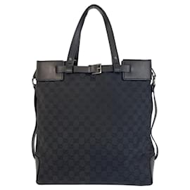 Gucci-Gucci Black GG Canvas Leather Tote Bag-Black