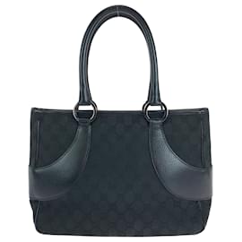 Gucci-Gucci Black GG Canvas Leather Tote Bag-Black