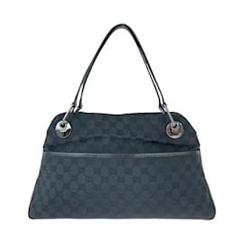 Gucci-Gucci Black GG Canvas Leather Tote Bag-Black