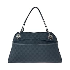 Gucci-Gucci Black GG Canvas Leather Tote Bag-Black