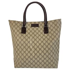 Gucci-Gucci Brown GG Supreme Canvas Leather Tote Bag-Beige
