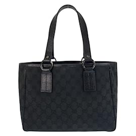 Gucci-Gucci Black GG Canvas Leather Tote Bag-Black