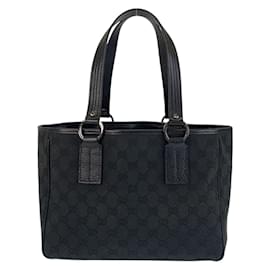 Gucci-Gucci Black GG Canvas Leather Tote Bag-Black