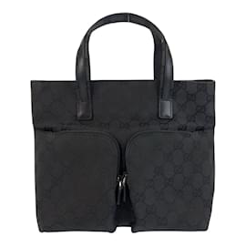 Gucci-Gucci Black GG Canvas Leather Tote Bag-Black