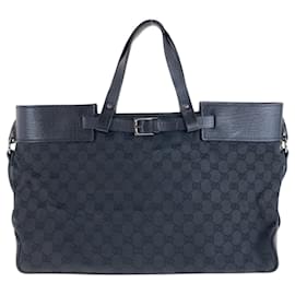Gucci-Gucci Black GG Canvas Leather Tote Bag-Black