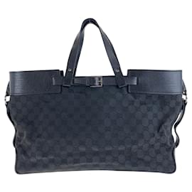 Gucci-Gucci Black GG Canvas Leather Tote Bag-Black