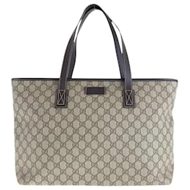 Gucci-Gucci Beige Brown GG Supreme Canvas Leather Tote Bag-Brown,Beige