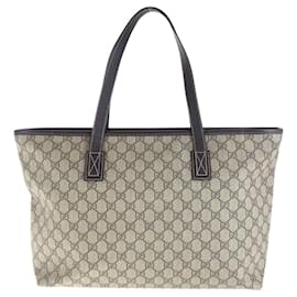 Gucci-Gucci Beige Brown GG Supreme Canvas Leather Tote Bag-Brown,Beige